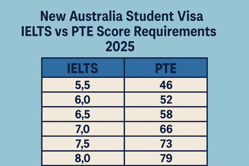 Table showing new Australia student visa IELTS vs PTE score requirements 2025